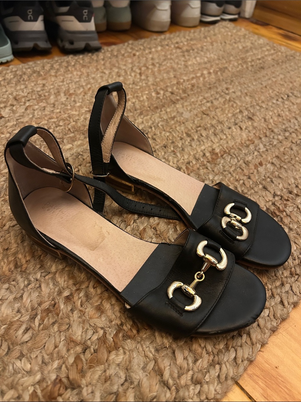 Patricia Green Black Leather Sandals with Gold Horsebit Accent
